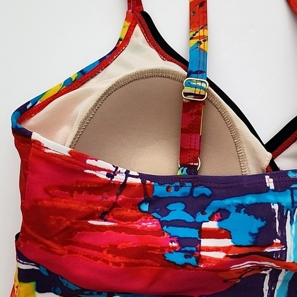 Simon Chang Tankini Top  Raceback Multi Colour Red Blue Padded Cups Size 10 - Picture 6 of 12